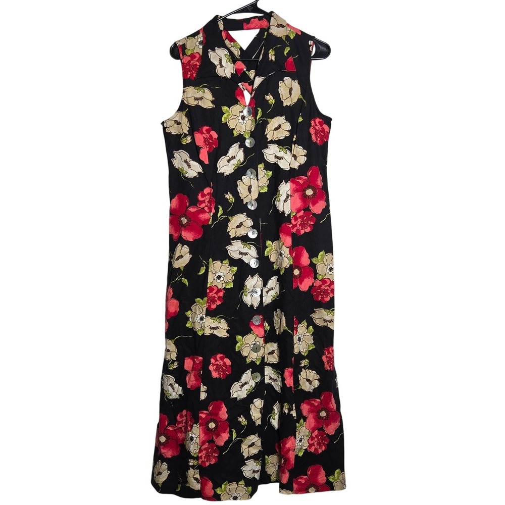 Vintage White Stag Floral Linen Blend Button Front Midi Dress 12 Cottage Boho
